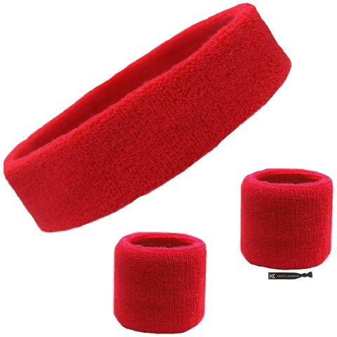 Sweatband Set 1 Terry Cotton Headband and 2 Wristbands Pack Red