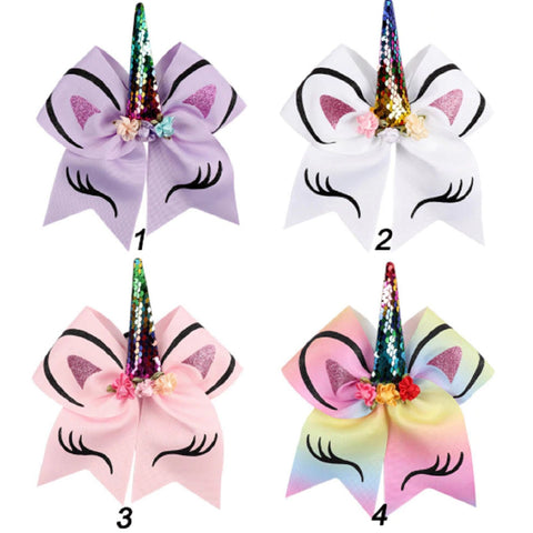 Unicorn Cheer Bow for Girls Large Hair Bows with Ponytail Holder Ribbon