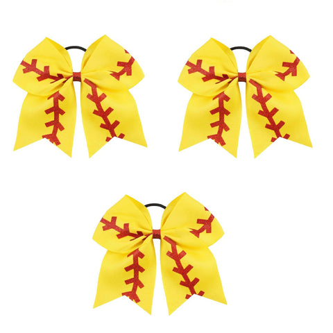 3 Softball Cheer Bow for Girls Large Hair Bows with Ponytail Holder Glitter Ribbon
