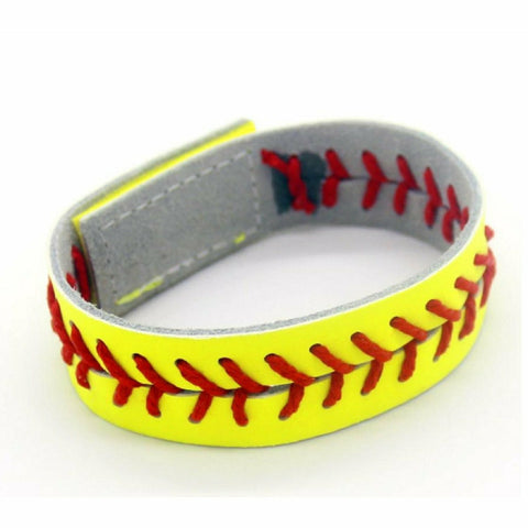 Softball Velcro Sports Bracelet Wristlet Adjustable Wrist Cuff for Women, Girls, Guys, Boys, Teens, and Kids Armband Yellow With Red Softball Stitching