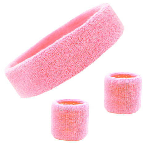 Sweatband Set 1 Terry Cotton Headband and 2 Wristbands Pack Pink