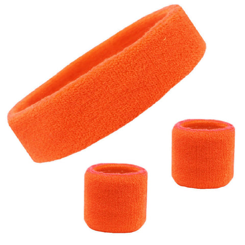 Sweatband Set 1 Terry Cotton Headband and 2 Wristbands Pack Orange