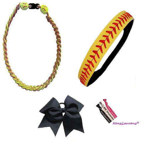 Softball Set: Headband, Titanium Necklace, Cheer Bow, and Hair Ties